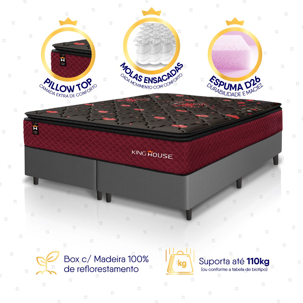 Cama Box Toronto Molas Ensacadas King 193x203 Cinza Espuma D26 Suporta 120 Kg Por Pessoa