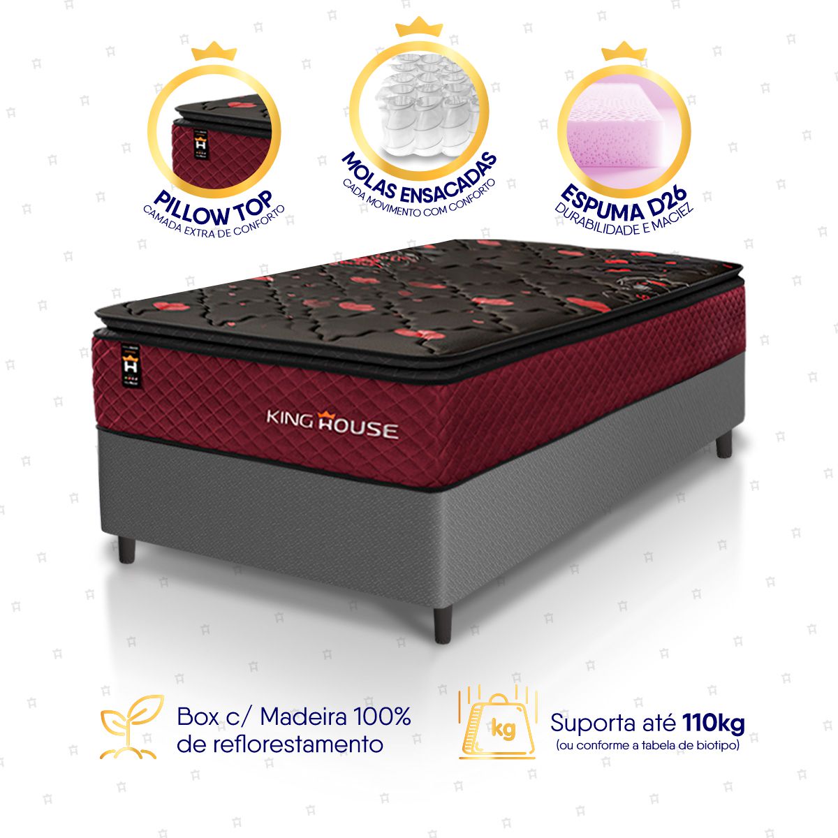 Cama Box Molas Ensacadas Toronto Solteiro 88x188 Cinza Espuma D26 Suporta 120 Kg Por Pessoa