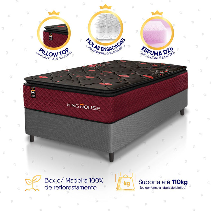 Cama Box Molas Ensacadas Toronto Solteiro 88x188 Cinza Espuma D26 Suporta 120 Kg Por Pessoa