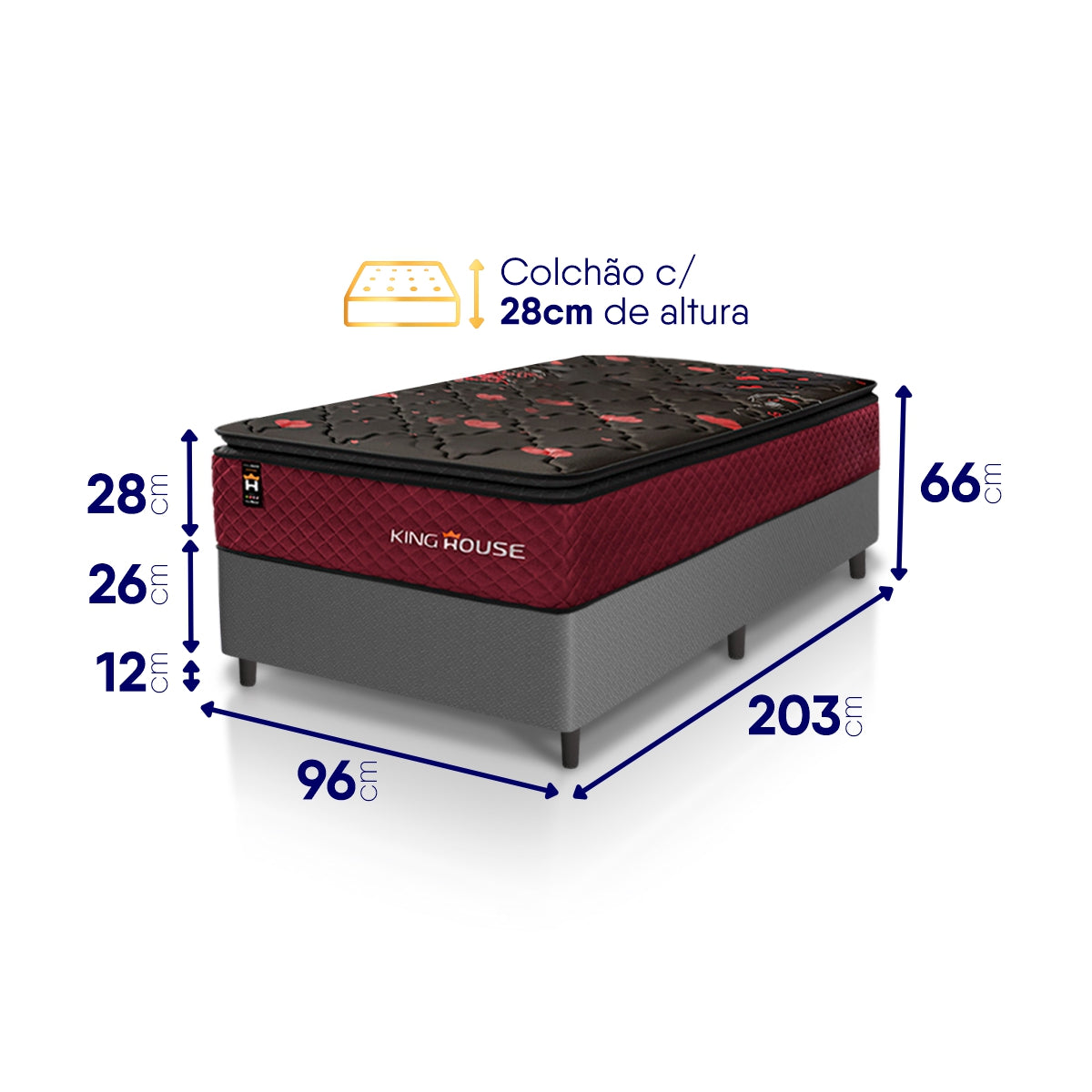 Cama Box Molas Ensacadas Toronto Solteirão 96x203 Cinza Espuma D26 Suporta 120 Kg Por Pessoa