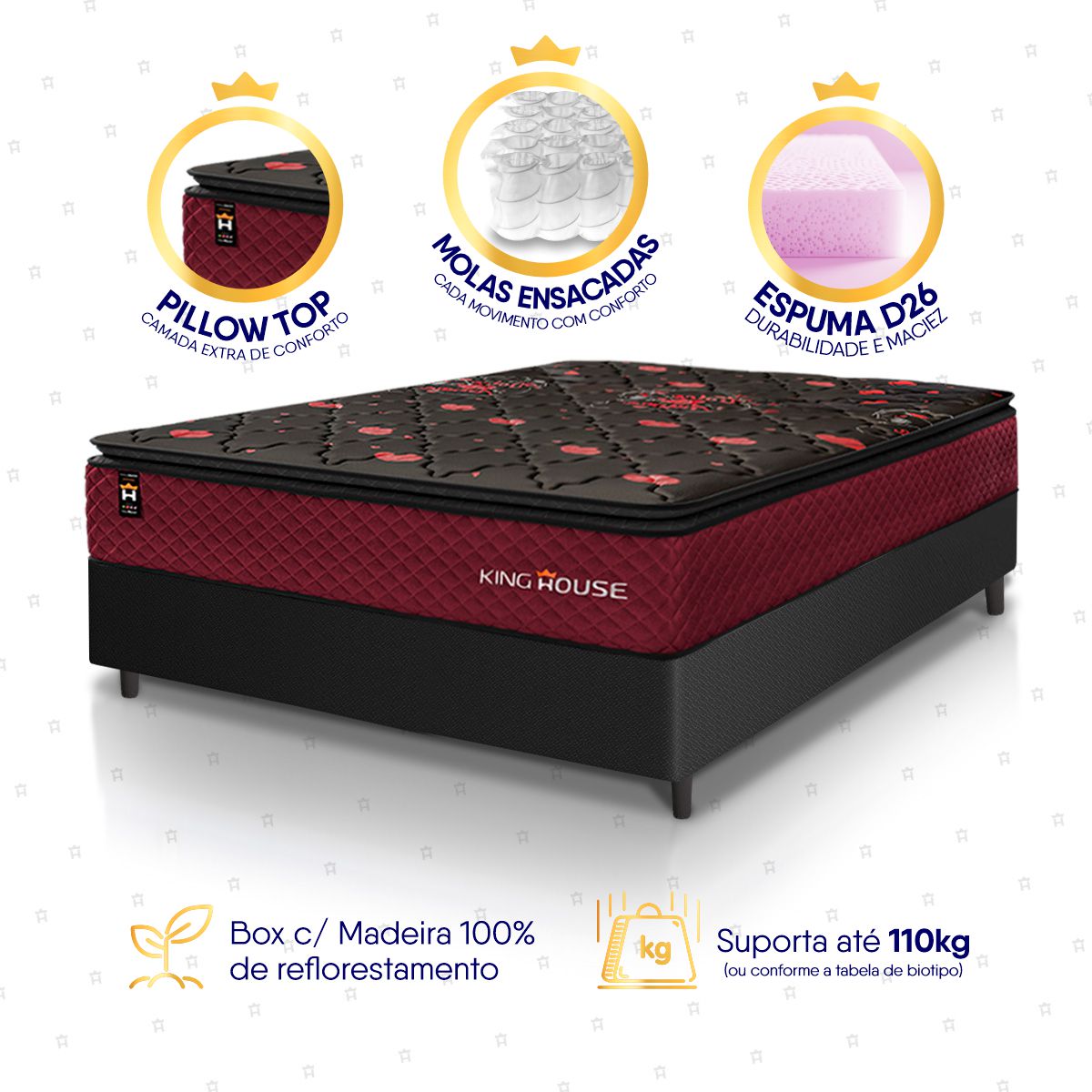 Cama Box Molas Ensacadas Toronto Casal 138x188 Preto Espuma D26 Suporta 120 Kg Por Pessoa