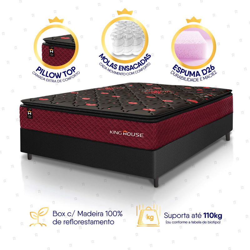 Cama Box Molas Ensacadas Toronto Casal 138x188 Preto Espuma D26 Suporta 120 Kg Por Pessoa