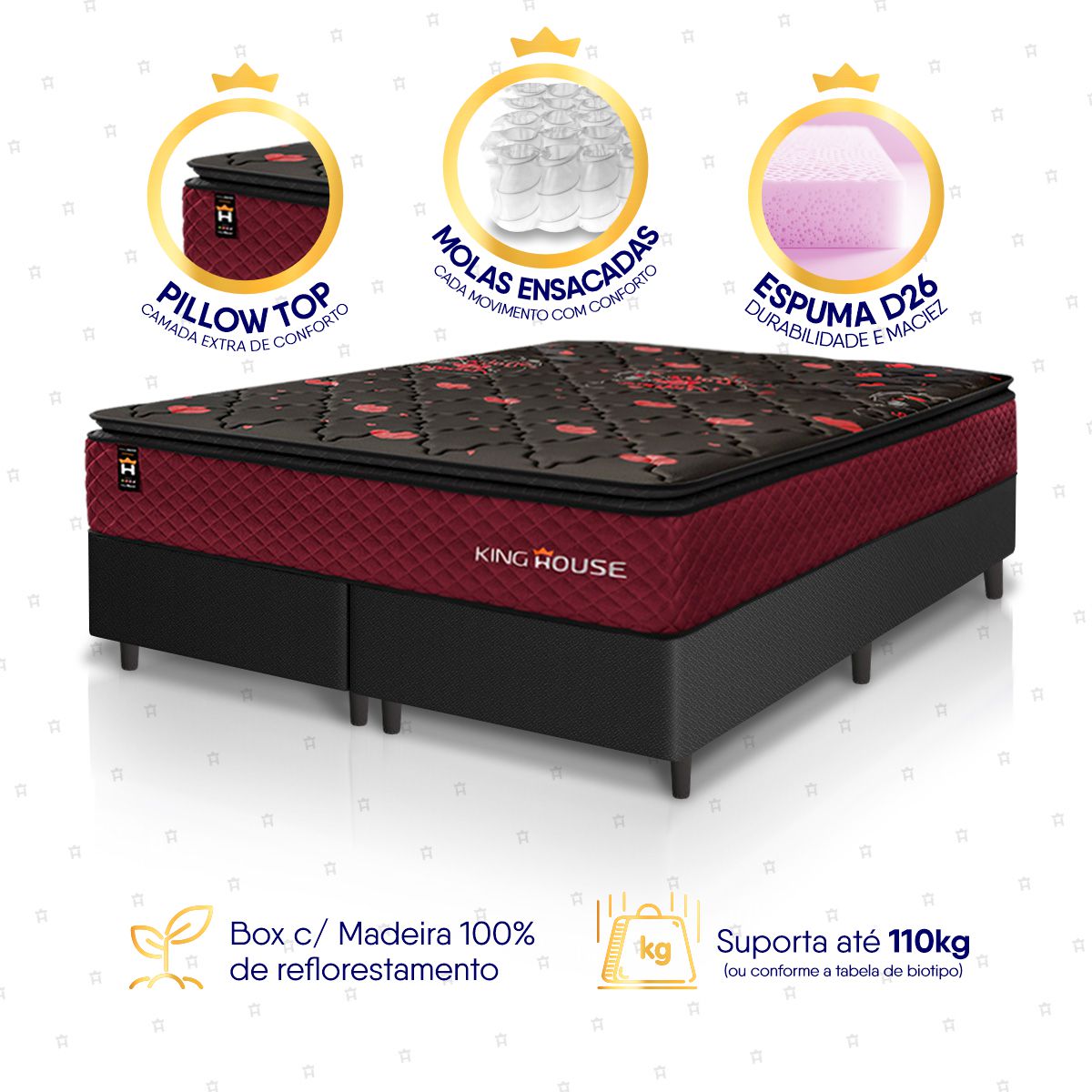 Cama Box Toronto Molas Ensacadas Queen 158x198 Preto Espuma D26 Suporta 120 Kg Por Pessoa