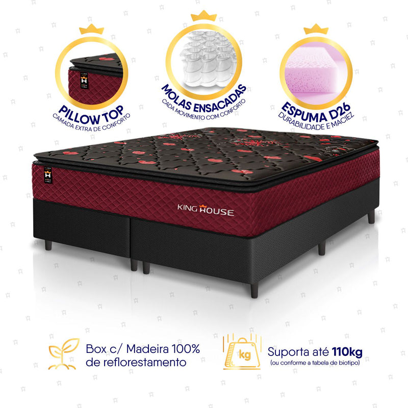 Cama Box Toronto Molas Ensacadas King 193x203 Preto Espuma D26 Suporta 120 Kg Por Pessoa