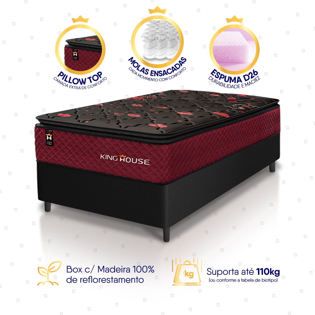 Cama Box Molas Ensacadas Toronto Solteiro 88x188 Preto Espuma D26 Suporta 120 Kg Por Pessoa