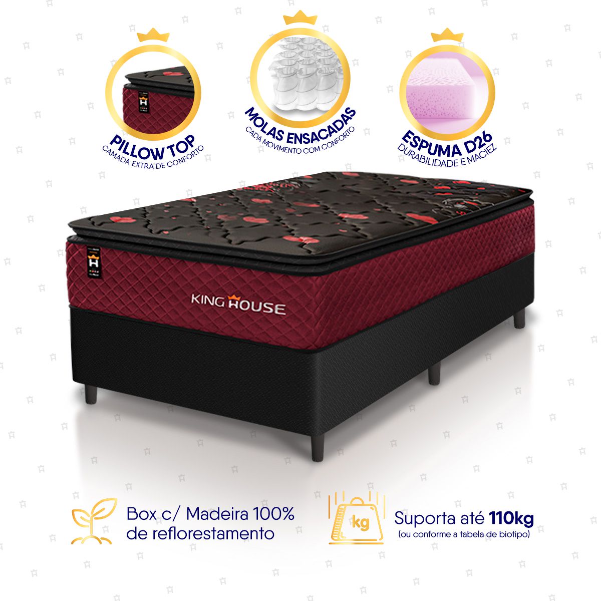 Cama Box Molas Ensacadas Toronto Solteirão 96x203 Preto Espuma D26 Suporta 120 Kg Por Pessoa