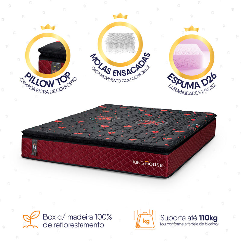 Colchão c/ Molas Ensacadas Toronto King 193x203x28 Vermelho Espuma D26 Suporta 120 Kg Por Pessoa