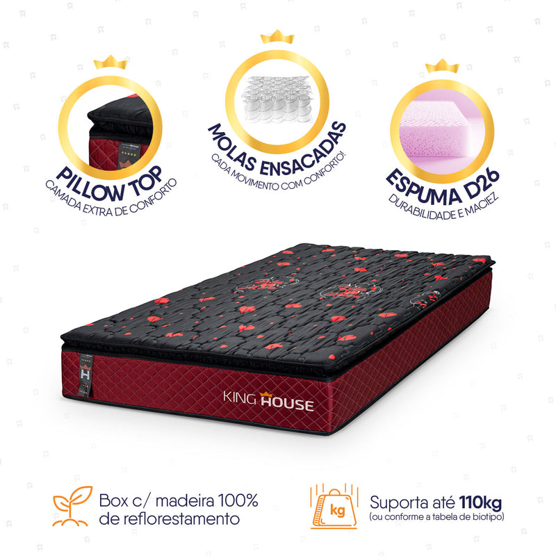 Colchão c/ Molas Ensacadas Toronto Solteiro 88x188x28 Vermelho Espuma D26 Suporta 120 Kg Por Pessoa