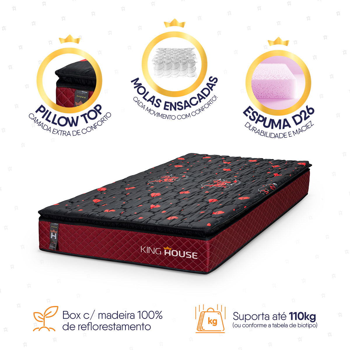 Colchão c/ Molas Ensacadas Toronto Solteiro 96x203x28 Vermelho Espuma D26 Suporta 120 Kg Por Pessoa