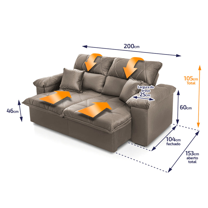 Sofá Retrátil Reclinável Trento 1,80m Suede Velut Tabaco Molas no Assento