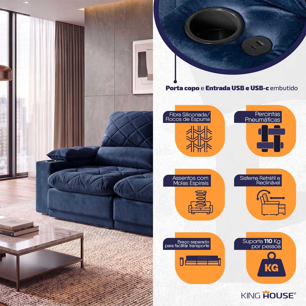 Sofá Veneza 1,80m Retrátil Reclinável Azul USB Porta Copos