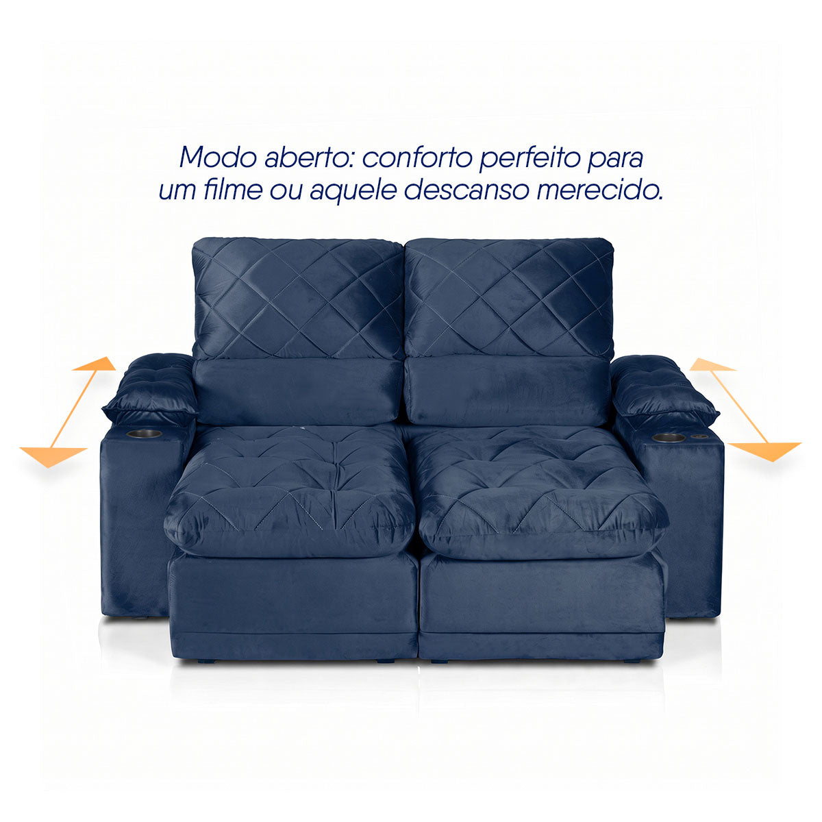 Sofá Veneza 1,80m Retrátil Reclinável Azul USB Porta Copos