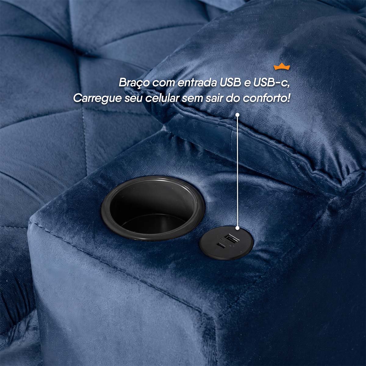 Sofá Veneza 1,80m Retrátil Reclinável Azul USB Porta Copos