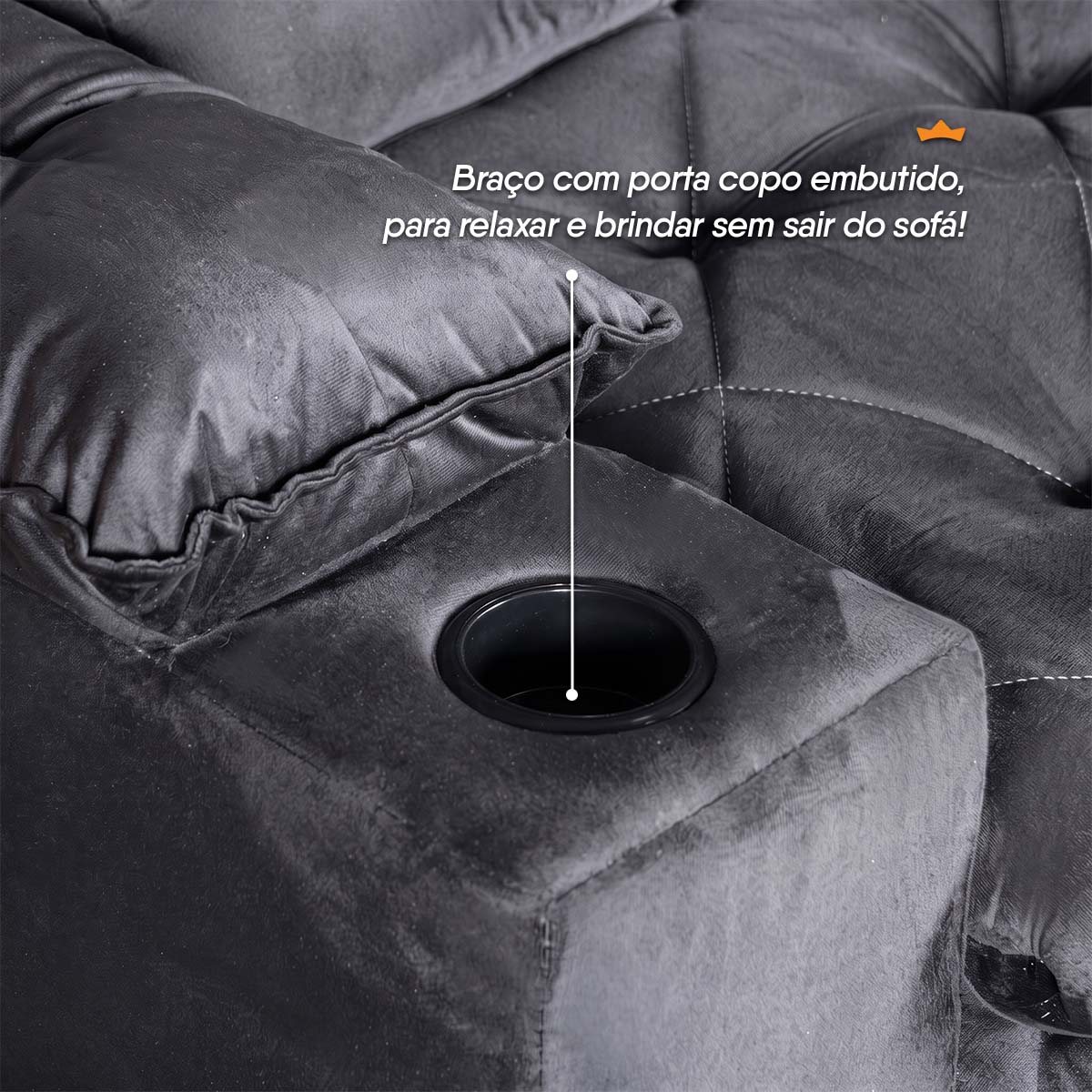 Sofá Veneza 1,80m Retrátil Reclinável Grafite USB e Porta Copos