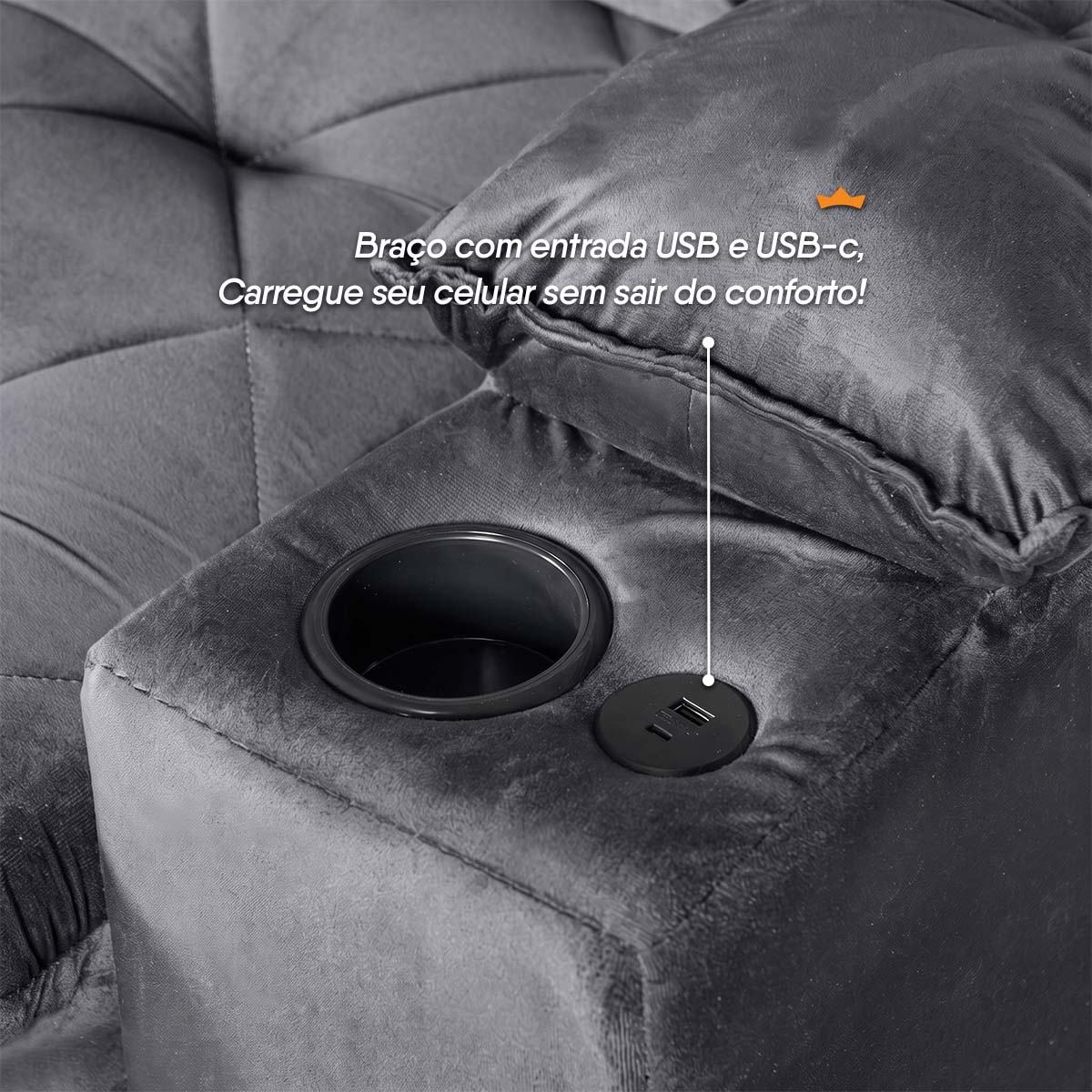 Sofá Veneza 1,80m Retrátil Reclinável Grafite USB e Porta Copos