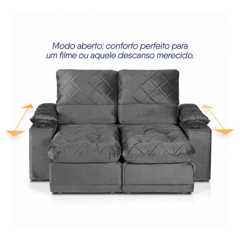 Sofá Veneza 2,00m Retrátil Reclinável Grafite USB e Porta Copos