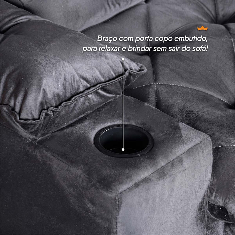 Sofá Veneza 2,00m Retrátil Reclinável Grafite USB e Porta Copos