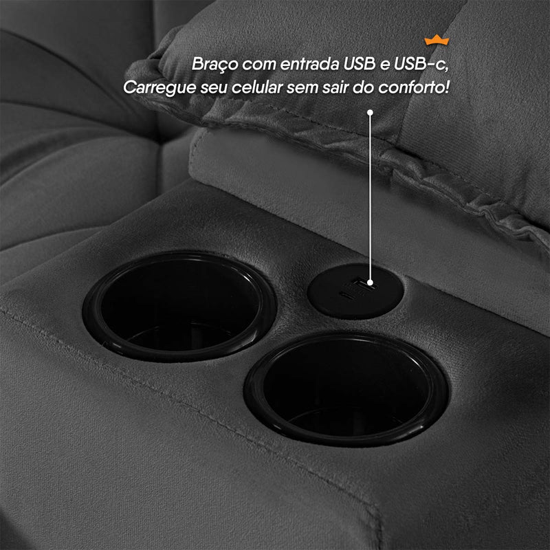 Sofá Veneza 2,40m Retrátil Reclinável Grafite USB e Porta Copos