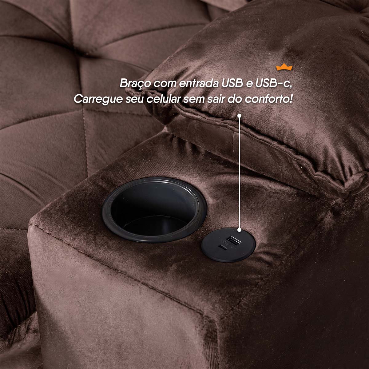 Sofá Veneza 1,80m Retrátil Reclinável Marrom USB Porta Copos