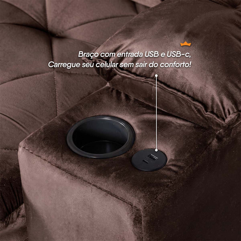 Sofá Veneza 2,00m Retrátil Reclinável Marrom USB Porta Copos