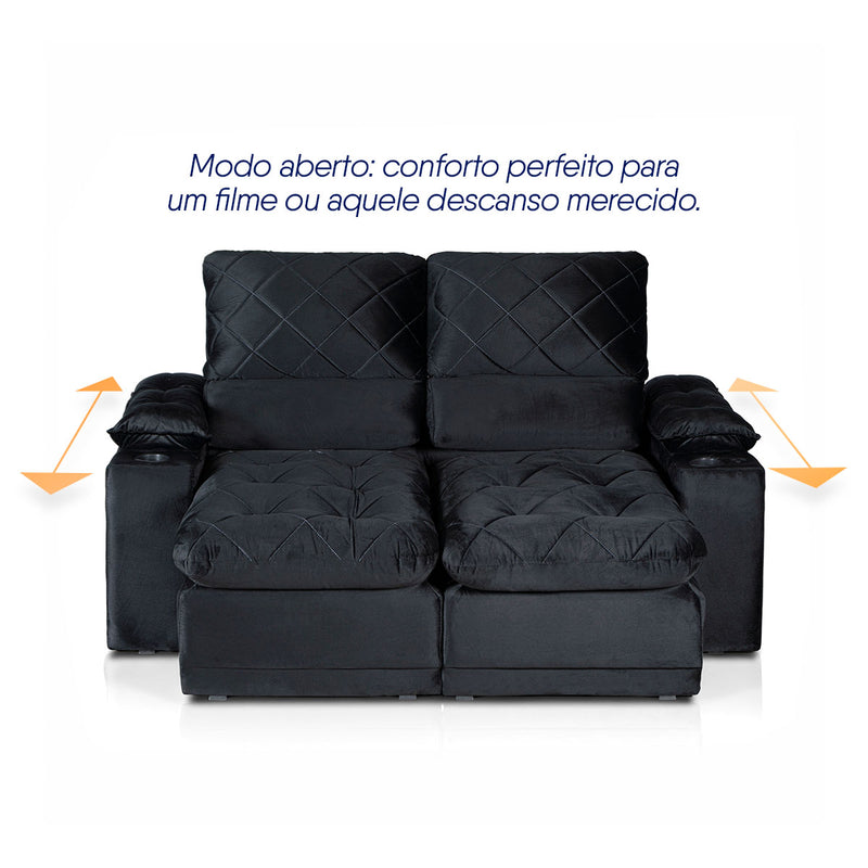 Sofá Veneza 2,00m Retrátil Reclinável Preto USB Porta Copos