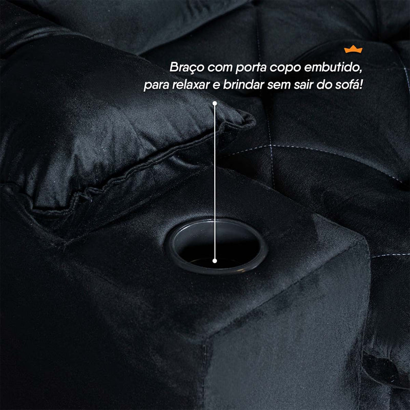 Sofá Veneza 2,00m Retrátil Reclinável Preto USB Porta Copos