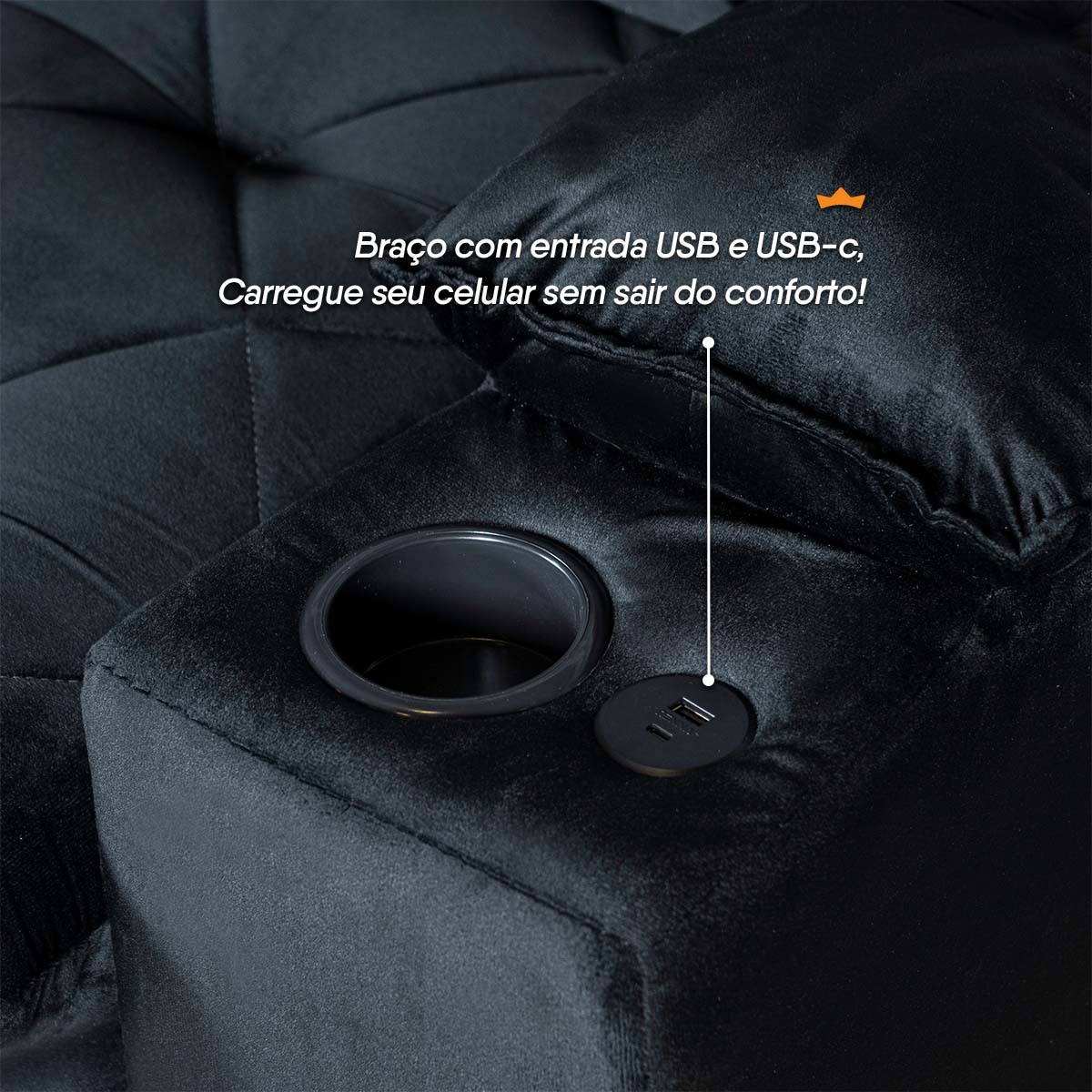 Sofá Veneza 2,00m Retrátil Reclinável Preto USB Porta Copos
