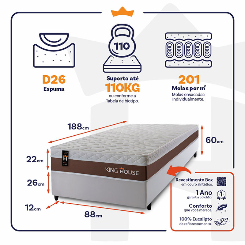 Cama Box Molas Ensacadas Venice Solteiro 88x188 King House