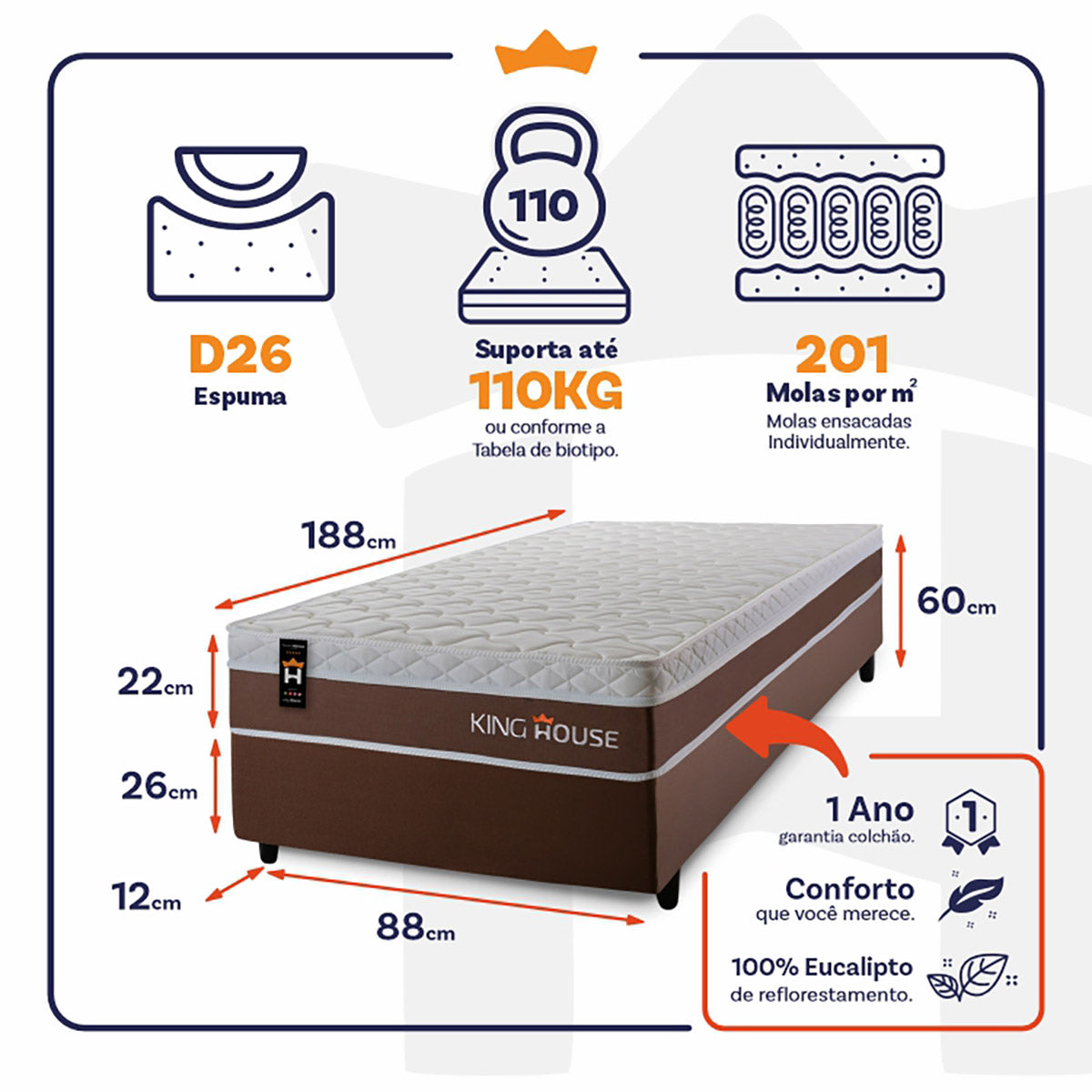 Cama Box Molas Ensacadas Venice Solteiro 88x188 King House