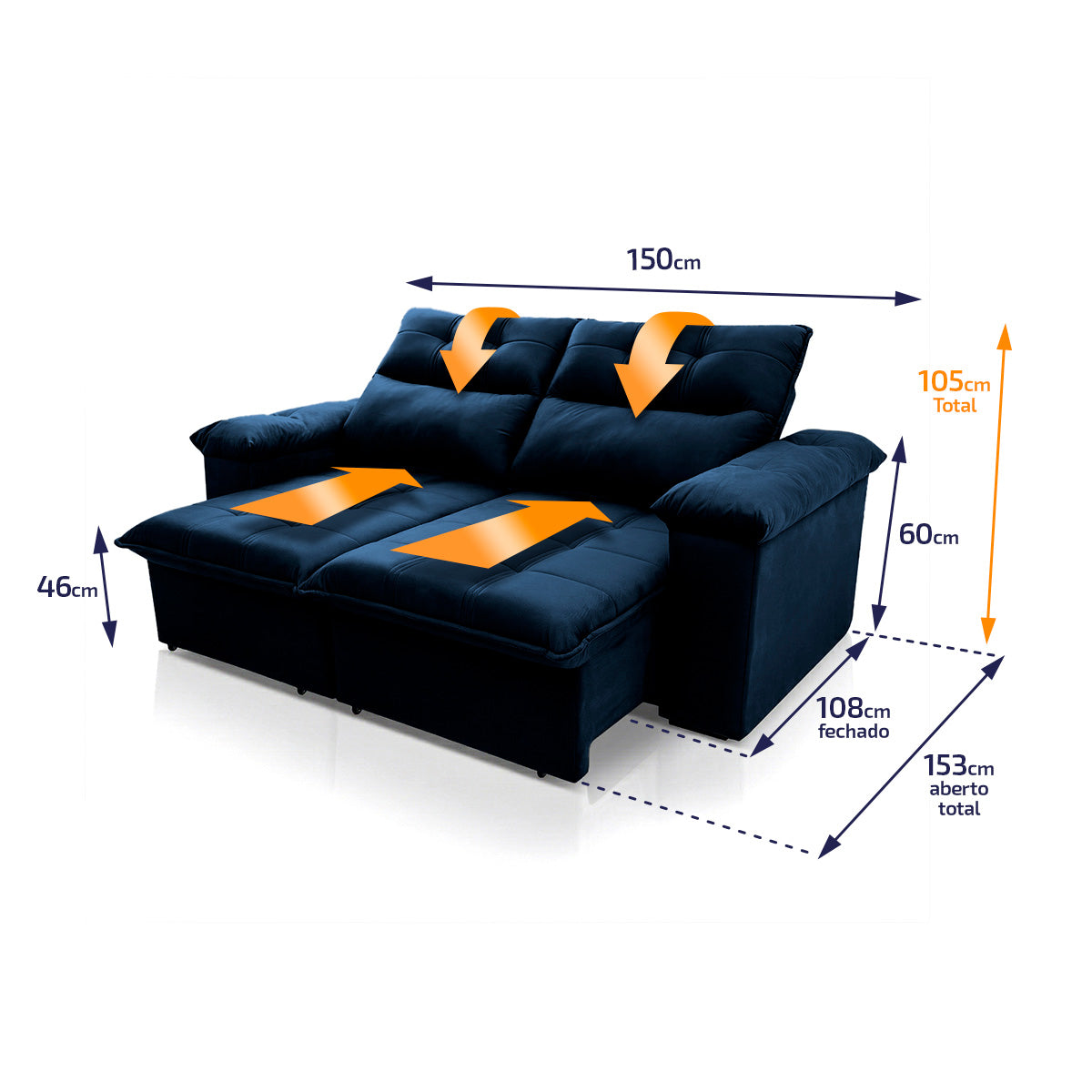 Sofá Retrátil Reclinável Verona 1,50m Suede Velut Azul Molas Ensacadas