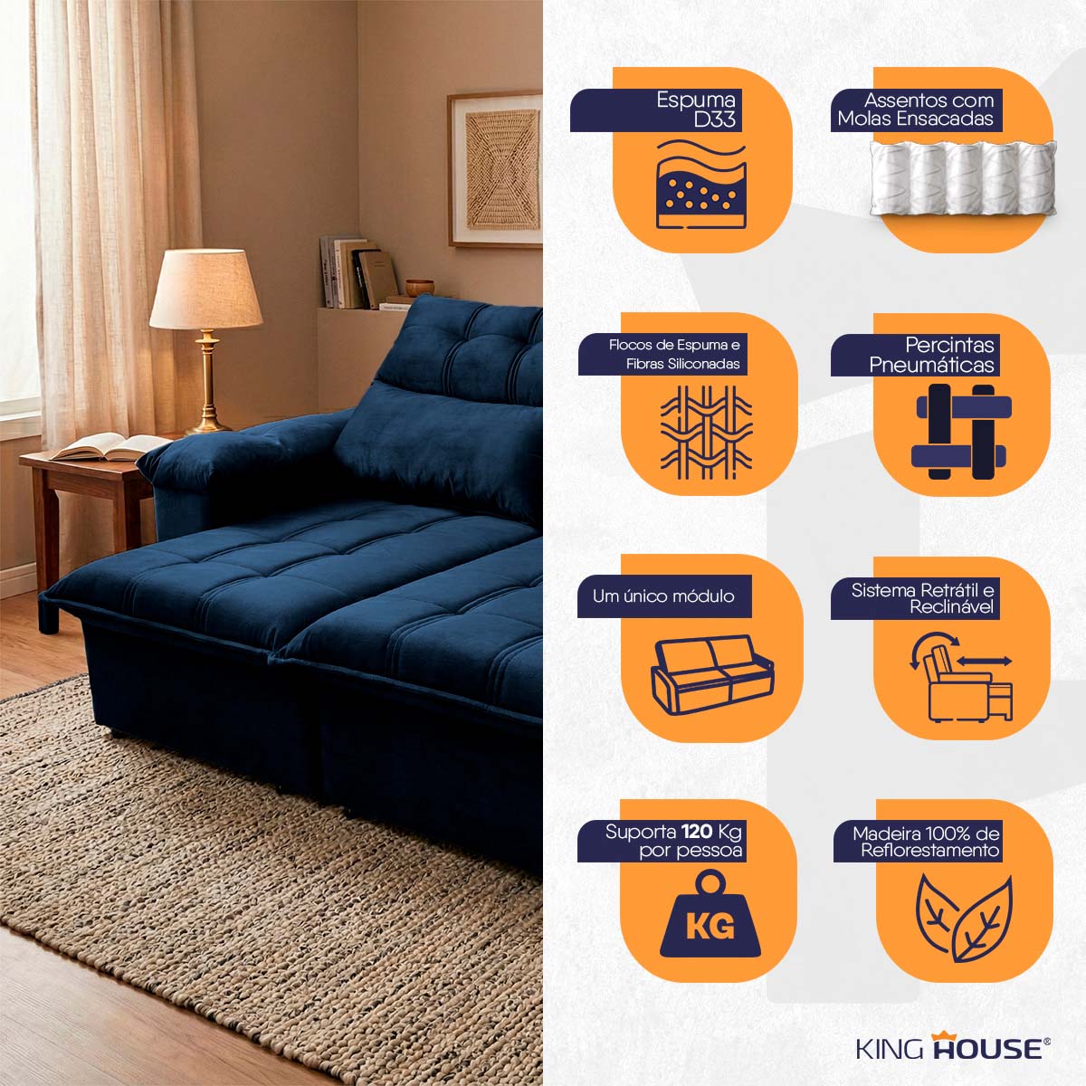 Sofá Retrátil Reclinável Verona 1,80m Suede Velut Azul Molas Ensacadas
