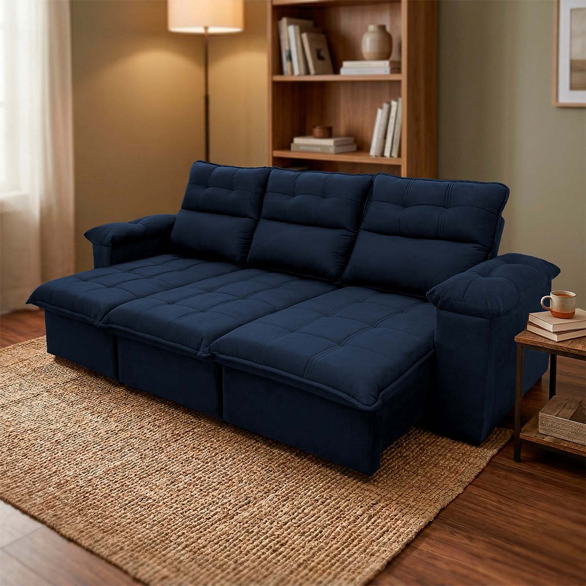 Sofá Retrátil Reclinável Verona 2,30m Suede Velut Azul Molas Ensacadas
