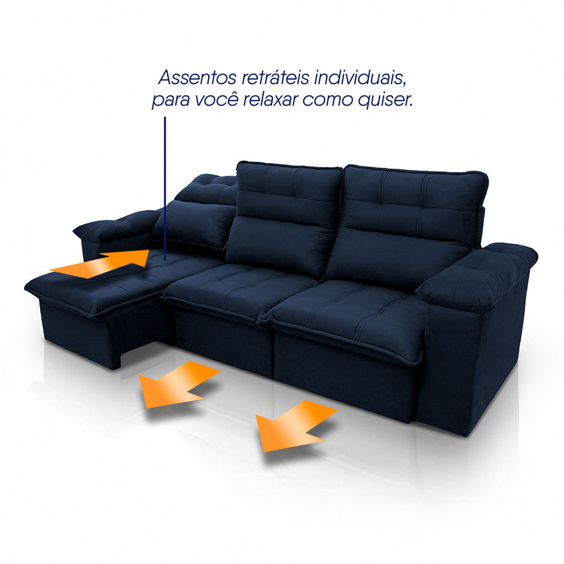 Sofá Retrátil Reclinável Verona 2,30m Suede Velut Azul Molas Ensacadas