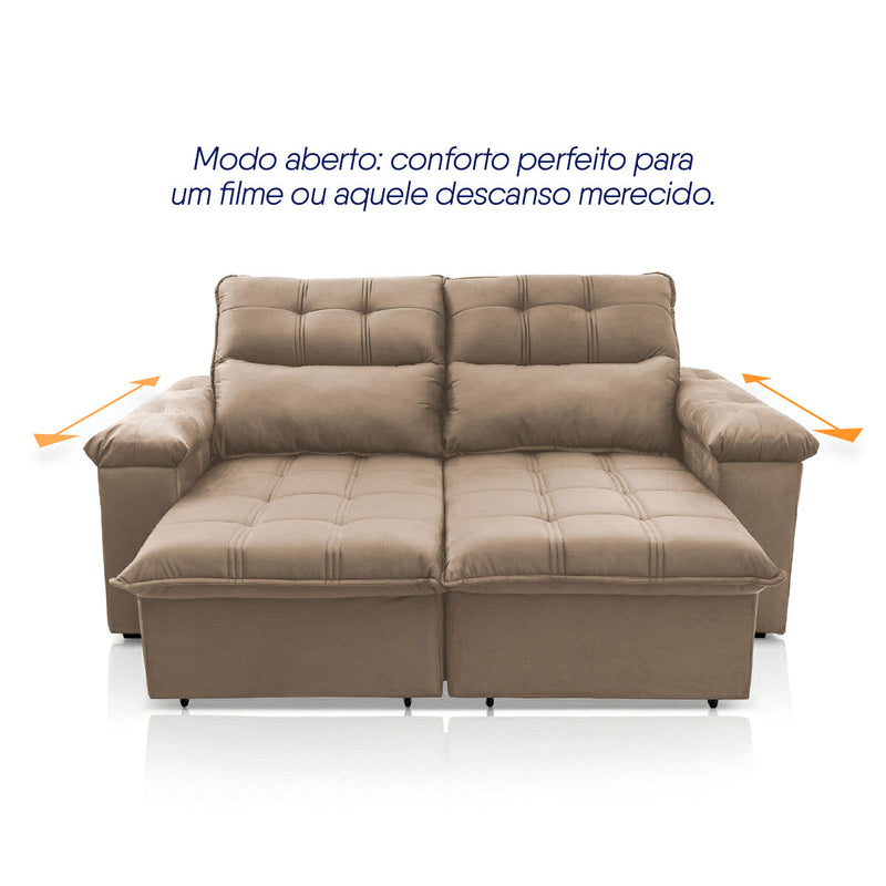 Sofá Retrátil Reclinável Verona 2,00m Suede Velut Bege Molas Ensacadas