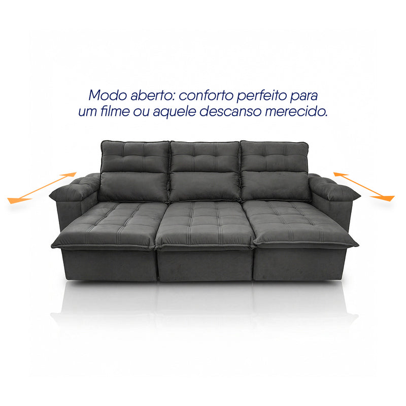 Sofá Retrátil Reclinável Verona 2,30m Suede Velut Cinza Molas Ensacadas
