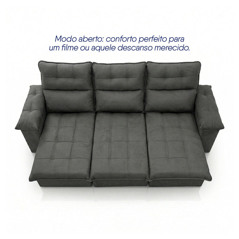 Sofá Retrátil Reclinável Verona 2,30m Suede Velut Cinza Molas Ensacadas