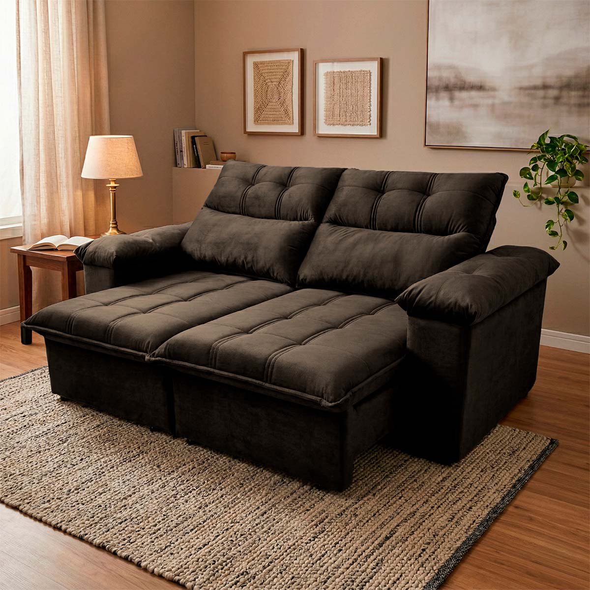 Sofá Retrátil Reclinável Verona 1,50m Suede Velut Marrom Molas Ensacadas