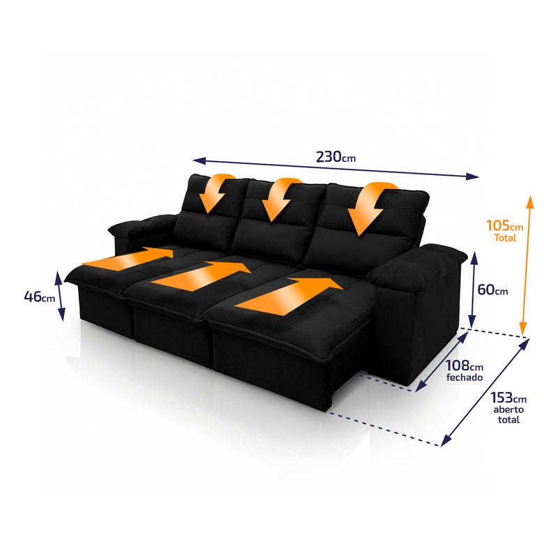Sofá Retrátil Reclinável Verona 2,30m Suede Velut Preto Molas Ensacadas