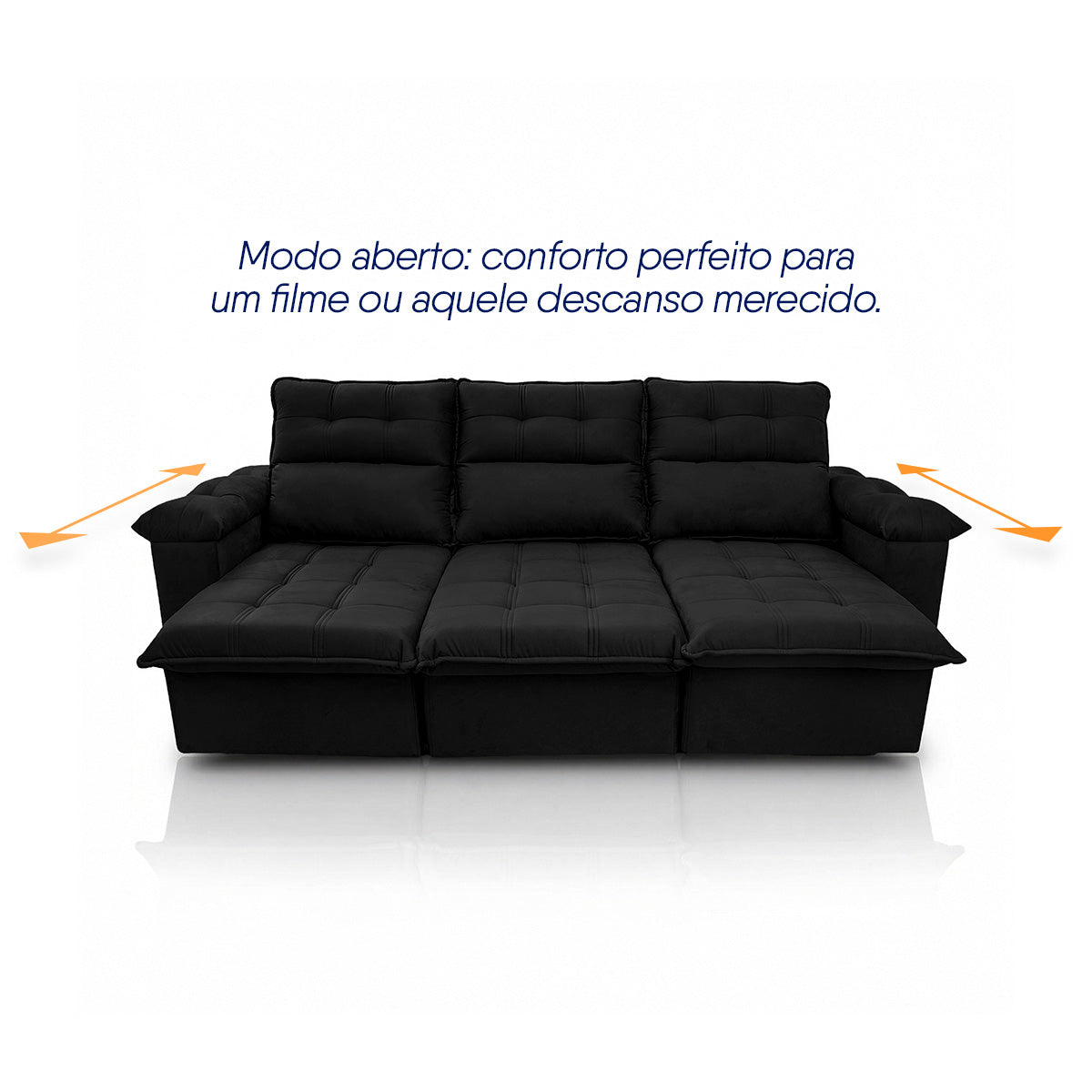 Sofá Retrátil Reclinável Verona 2,30m Suede Velut Preto Molas Ensacadas