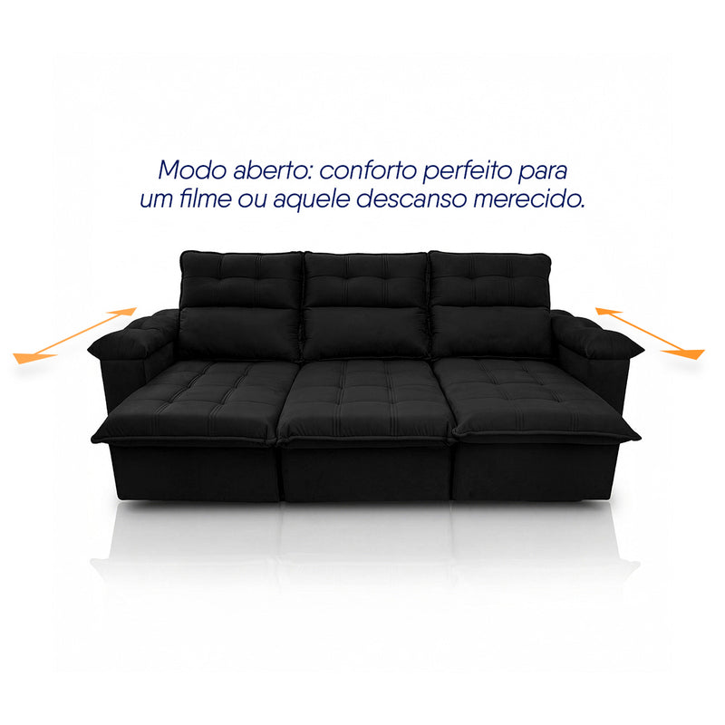 Sofá Retrátil Reclinável Verona 2,30m Suede Velut Preto Molas Ensacadas