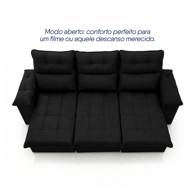 Sofá Retrátil Reclinável Verona 2,30m Suede Velut Preto Molas Ensacadas