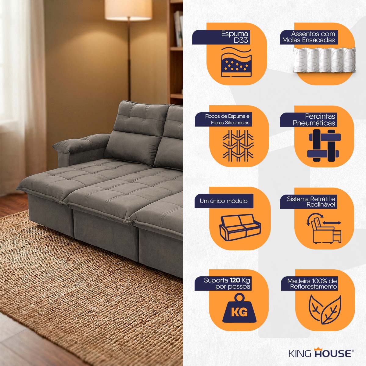 Sofá Retrátil Reclinável Verona 2,30m Suede Velut Tabaco Molas Ensacadas