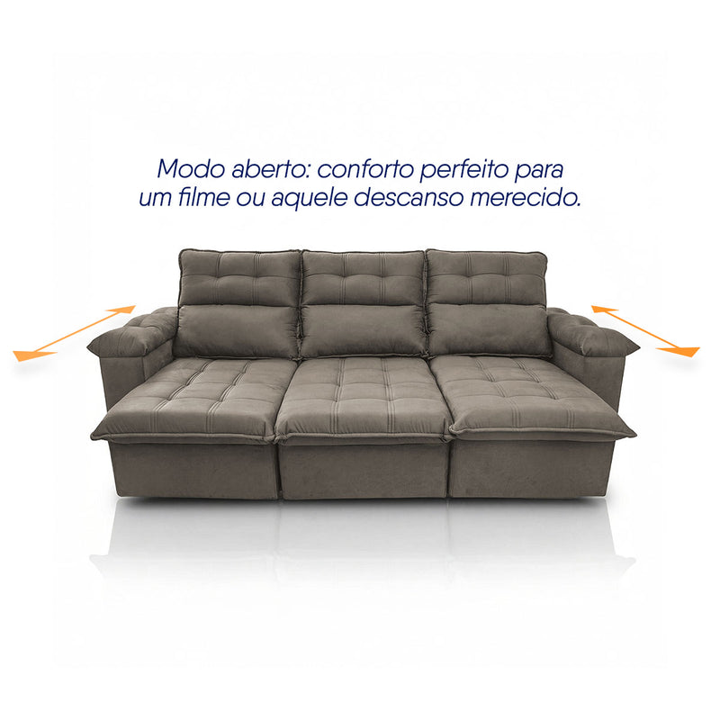 Sofá Retrátil Reclinável Verona 2,30m Suede Velut Tabaco Molas Ensacadas