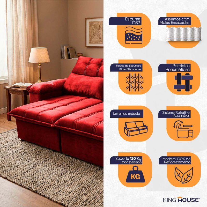 Sofá Retrátil Reclinável Verona 1,80m Suede Velut Vermelho Molas Ensacadas
