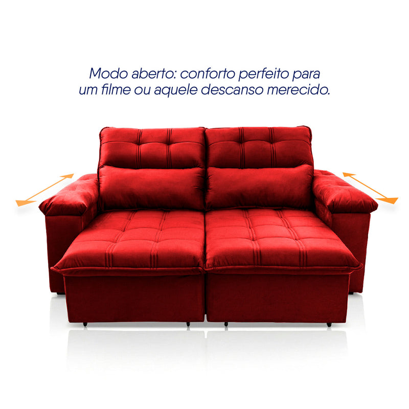 Sofá Retrátil Reclinável Verona 1,80m Suede Velut Vermelho Molas Ensacadas