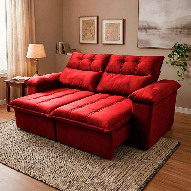 Sofá Retrátil Reclinável Verona 2,00m Suede Velut Vermelho Molas Ensacadas