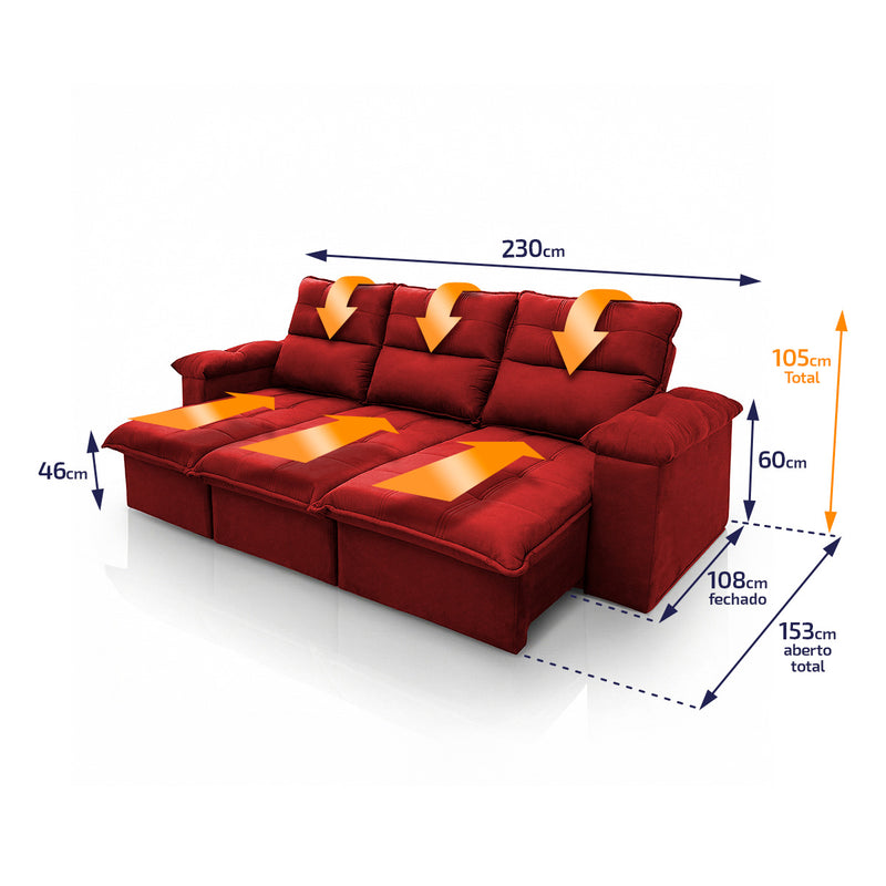 Sofá Retrátil Reclinável Verona 2,30m Suede Velut Vermelho Molas Ensacadas