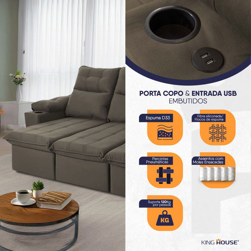 Sofá Retrátil Reclinável Verona USB e Porta Copo 2,30m Tabaco