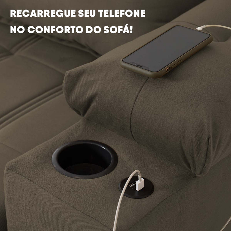 Sofá Retrátil Reclinável Verona USB e Porta Copo 2,30m Tabaco