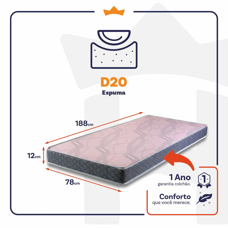Colchão Solteiro Espuma D20 Veyron 78x188x12 Cinza